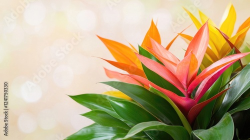 Vivid Bromeliad blossoms, garden bokeh background