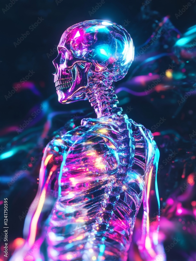 Obraz premium Neon Skeleton Anatomy - A vibrant, colorful 3D of a translucent skeleton glowing with neon lights, set against a dark background.