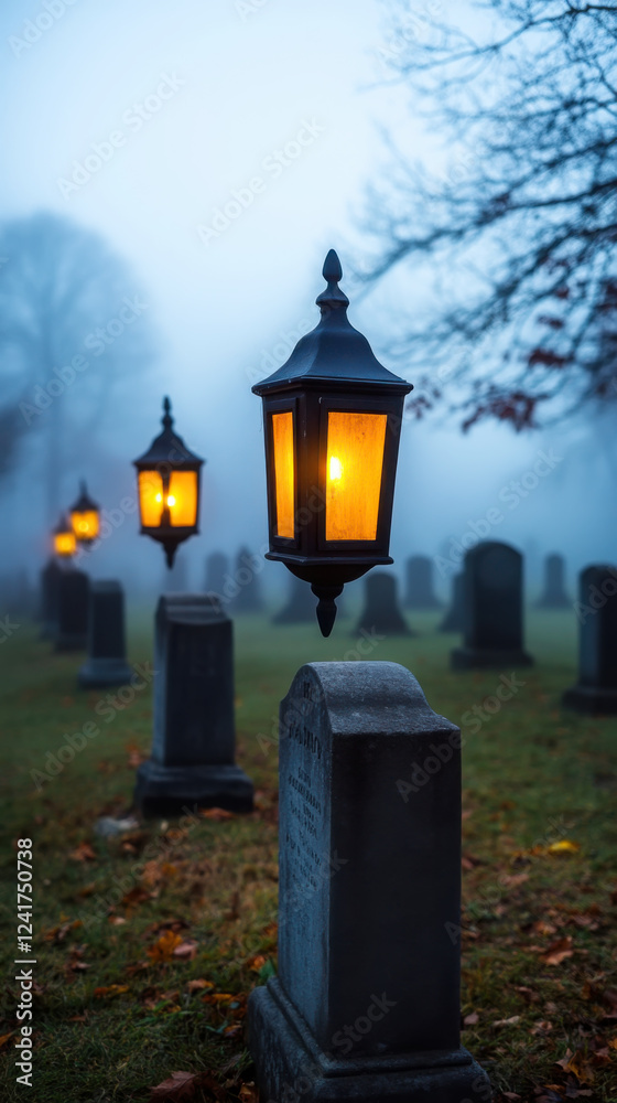 Mysterious graveyard with glowing lanterns in dense fog Mysterious graveyard with glowing lanterns in dense fog