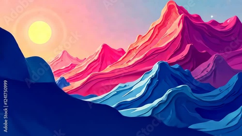 Serene Video Of Abstract Landscape With Silken Gradients And Gentle Transitions, Creating A Sense Of Harmony And Balance. Sun shining bright over pink mountains.