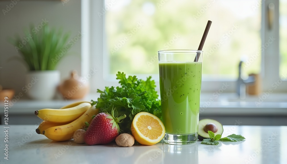 Fototapeta premium Fresh Green Smoothie with Fruits and Herbs on Kitchen Counter, Promoting Healthy Lifestyle