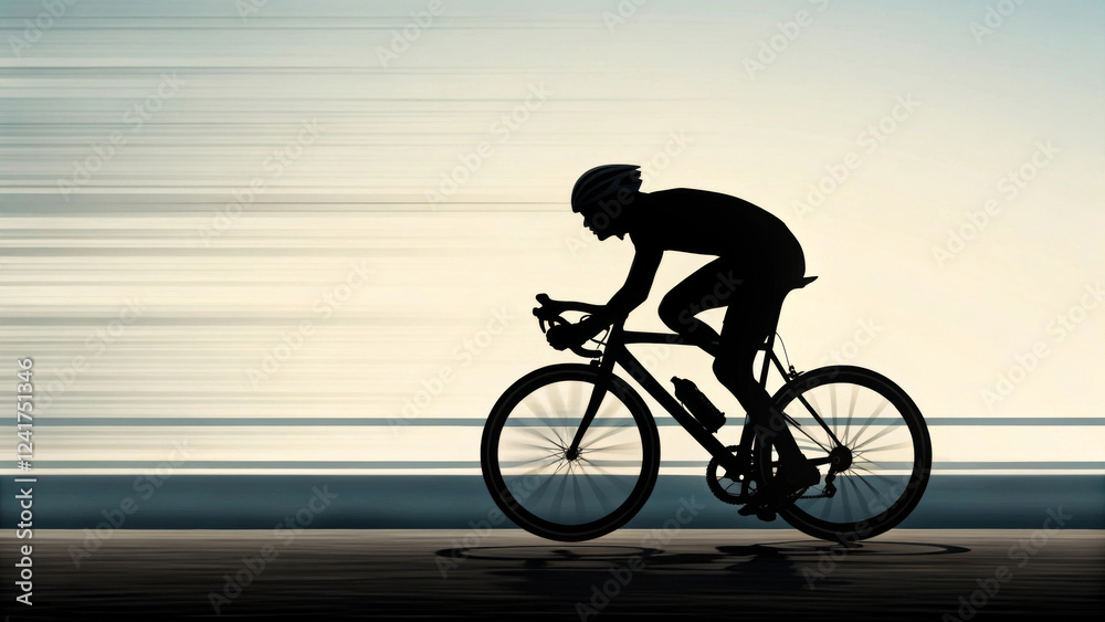 A silhouette of a cyclist is captured in motion, highlighting the dynamism of cycling against a blurred background. The horizontal motion lines suggest speed and movement.AI A silhouette of a cyclist is captured in motion, highlighting the dynamism of cycling against a blurred background. The horizontal motion lines suggest speed and movement.AI