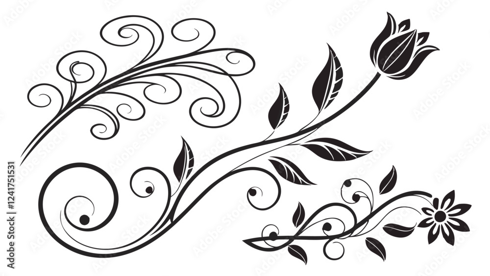 Fototapeta premium Adobe IllustraFloral Corner Decoration Elements - Black and White Vector Arttor Artwork