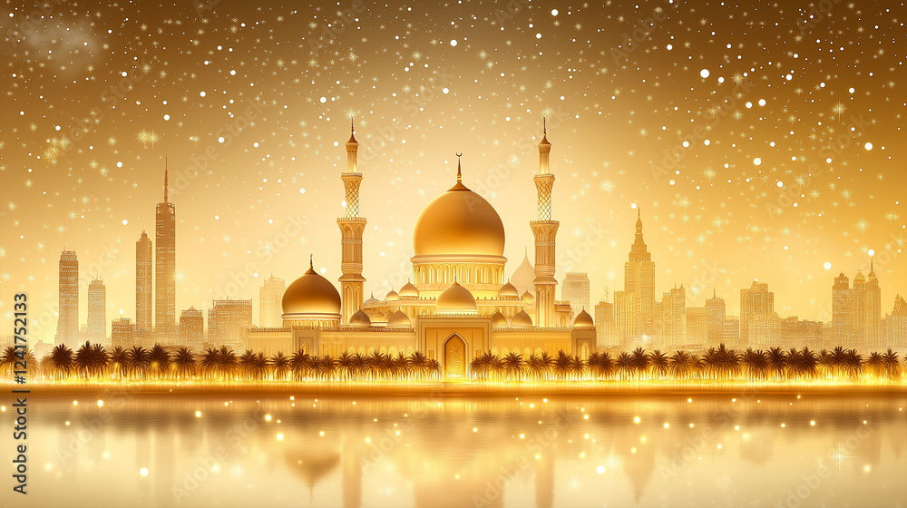 Obraz premium Stunning Golden Mosque with Illuminated City Skyline and Shimmering Lights