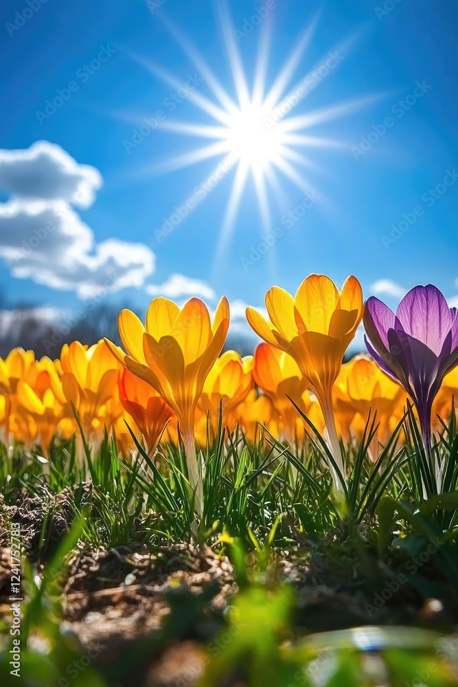 Fototapeta premium Yellow crocuses blooming under the bright spring sun