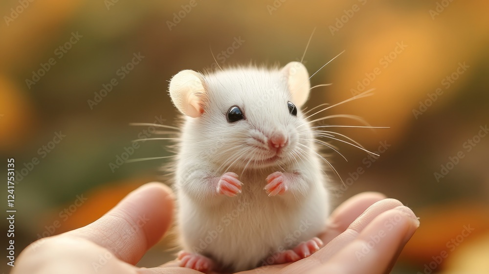 Adorable white mouse sitting on person's hand Adorable white mouse sitting on person's hand
