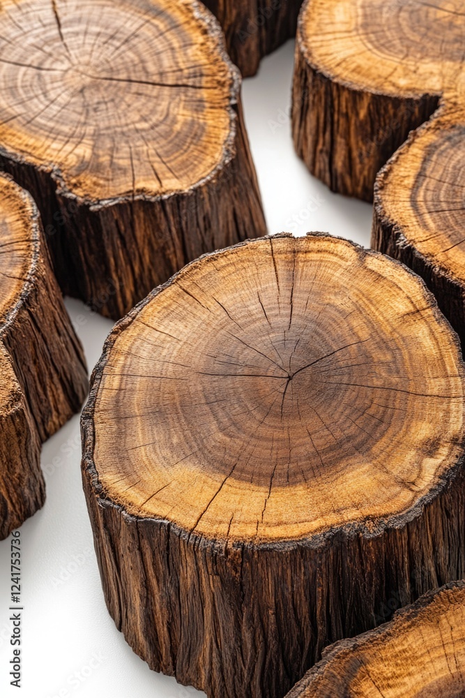A close-up shot of a stack of wooden slices, ready for craft projects or decorative use A close-up shot of a stack of wooden slices, ready for craft projects or decorative use