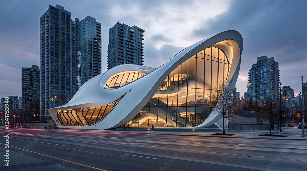 Obraz premium Modern building twilight cityscape architectural design urban night