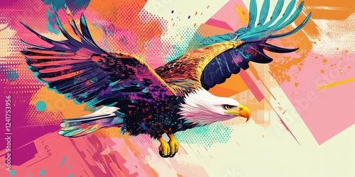 A vibrant pop art illustration of an eagle in mid-flight with bold, colorful splashes and dynamic geometric patterns in the background