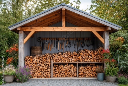 Woodshed storing firewood and tools for winter in a garden