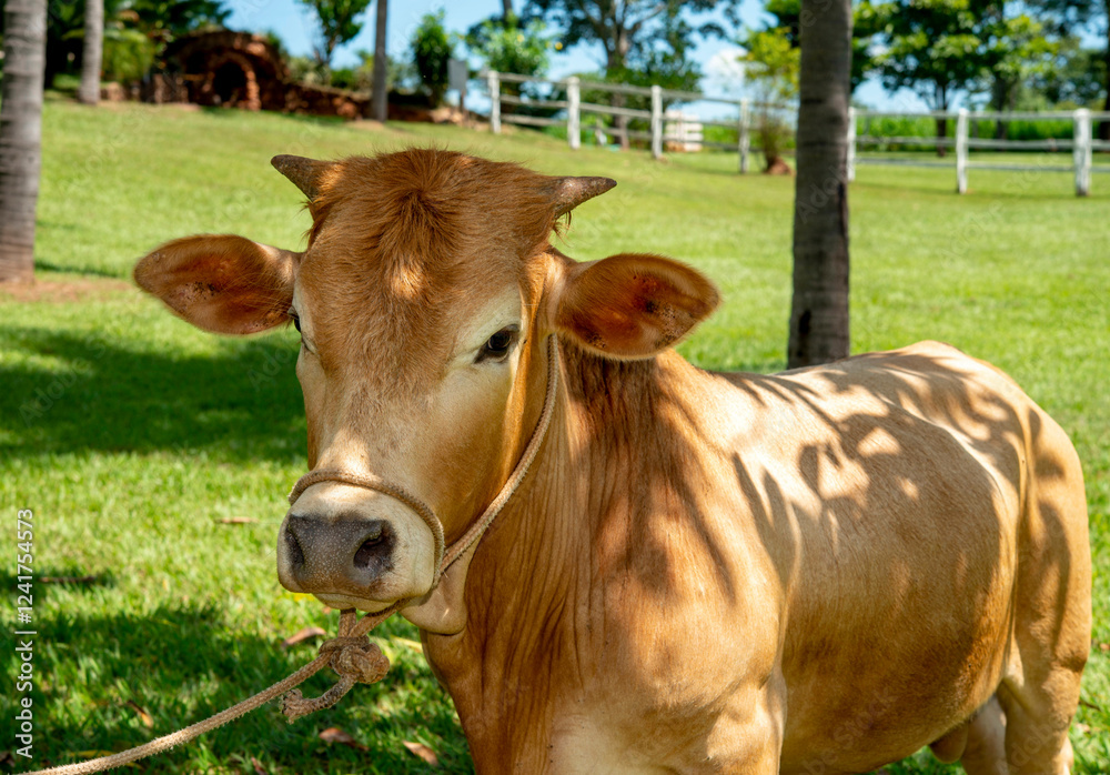 Portrait of a mini brown cow on a green meadow in summe Portrait of a mini brown cow on a green meadow in summe