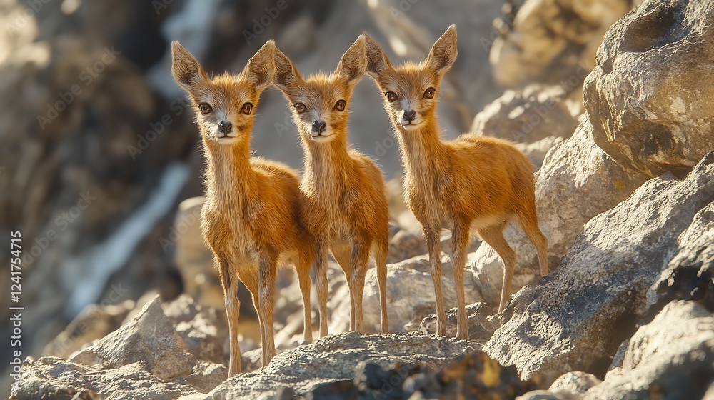 Three Adorable Baby Deer Stand Watchful on Rocky Outcrops Three Adorable Baby Deer Stand Watchful on Rocky Outcrops