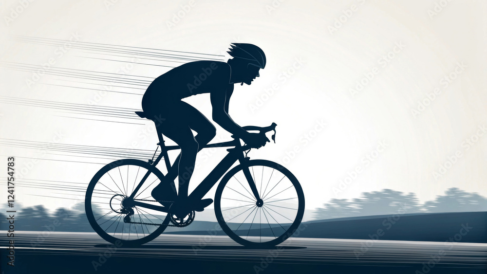 Fototapeta premium A silhouette of a cyclist rides swiftly along a track, conveying a sense of speed and motion. The blur effects in the background accentuate the fast-paced movement.AI