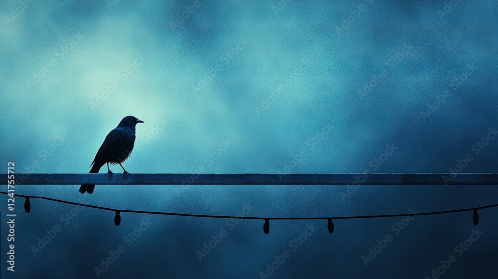 A sleek black bird perches atop a metal beam, framed by the vast blue sky and adorned with twinkling light bulbs dangling from its sides A sleek black bird perches atop a metal beam, framed by the vast blue sky and adorned with twinkling light bulbs dangling from its sides