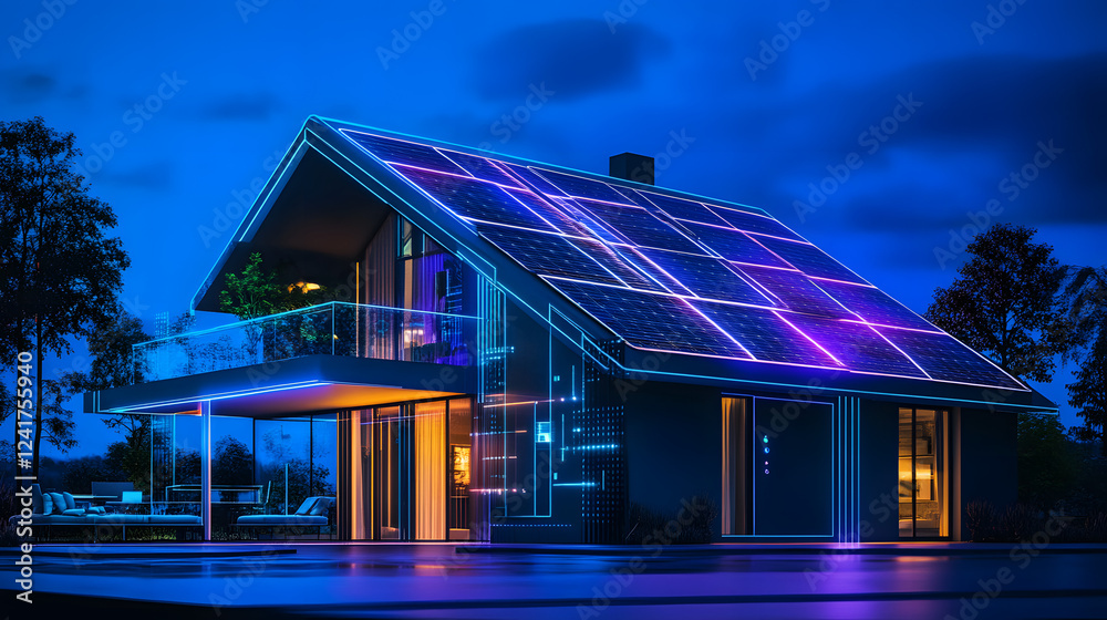 Obraz premium Sustainable smart home with solar panels and energy storage, designed for energy optimization and creating a green, self-sustaining living environment for modern living.