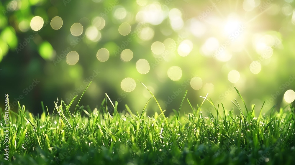 Obraz premium Fresh green grass with sunlight and blurred bokeh background creating a natural outdoor spring or summer scene