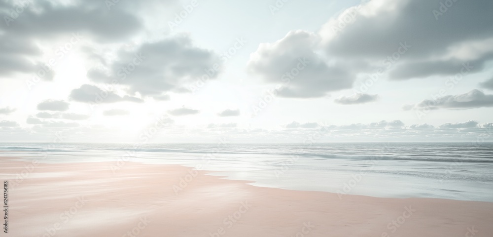 Tranquil beachscape with soft clouds and gentle waves at sunset Tranquil beachscape with soft clouds and gentle waves at sunset
