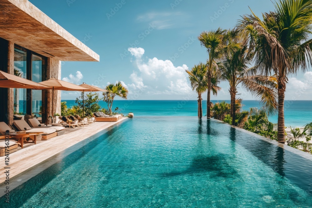 Infinity pool overlooking tropical ocean at luxury resort Infinity pool overlooking tropical ocean at luxury resort