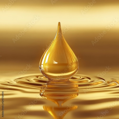 golden water drop with ripples on golden background, 3d illustration