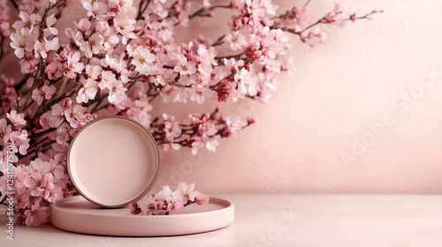 Luxury Skincare Cream Jar with Pink Cherry Blossoms on a Soft Pastel Background
