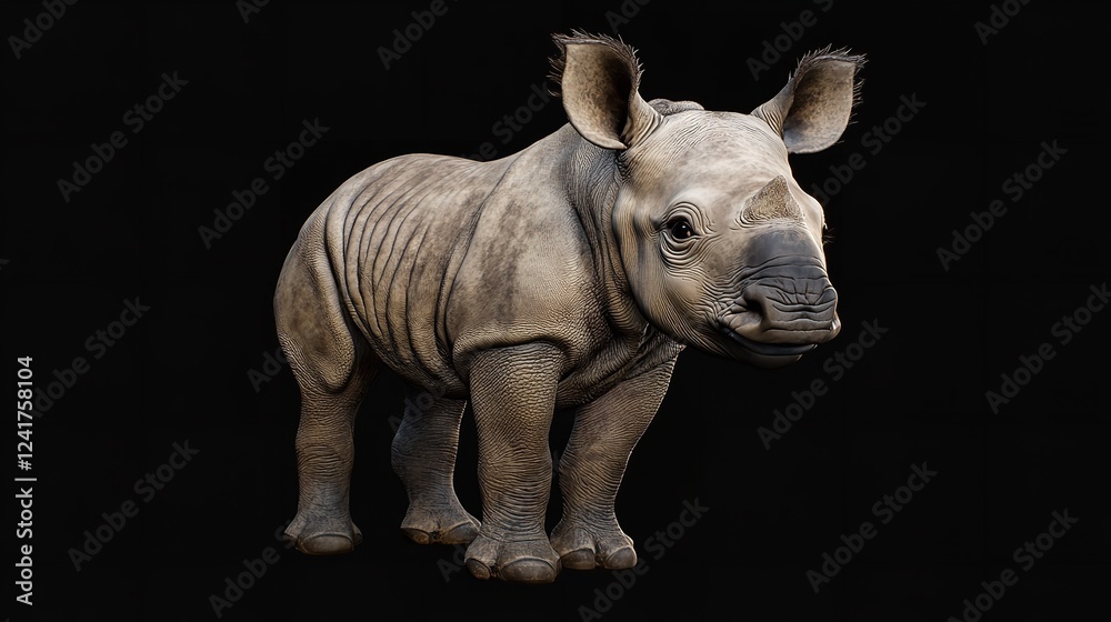 Fototapeta premium Adorable Baby White Rhinoceros Against a Black Background