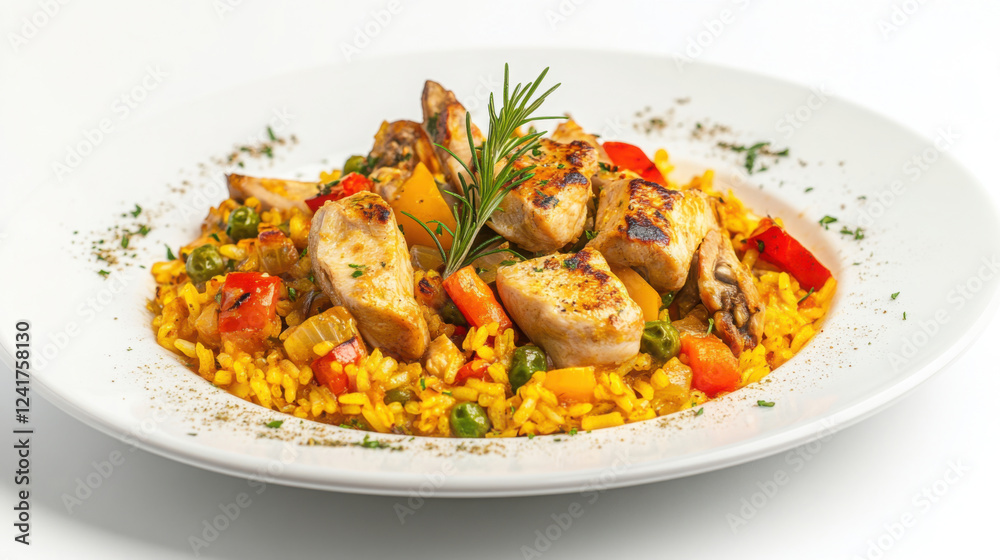 Delicious mediterranean chicken and rabbit paella dish close-up for culinary inspiration Delicious mediterranean chicken and rabbit paella dish close-up for culinary inspiration