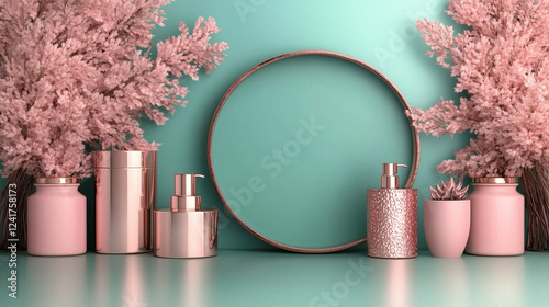 Luxury Rose Gold and Pink Floral Still Life with Modern Cosmetic Bottles and Round Mirror on a Teal Background