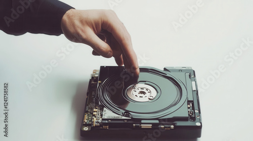 Studio shot of a hand handling a hard drive with a circular pattern for data storage and technology design use