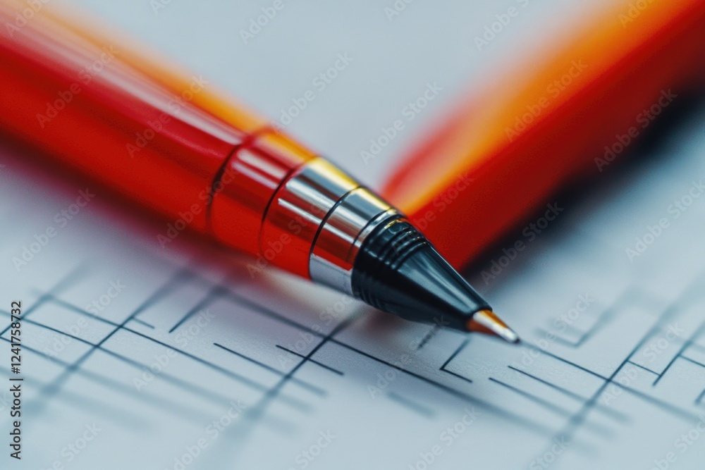 A single red pen sits on top of a blank sheet of paper, ready for use A single red pen sits on top of a blank sheet of paper, ready for use