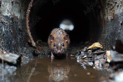 Brown rat emerging from sewer pipe in dirty water photo