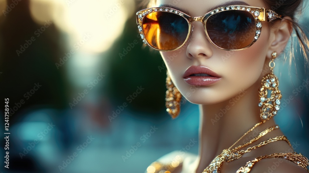 A woman posing with sunglasses and a gold necklace, looking stylish A woman posing with sunglasses and a gold necklace, looking stylish