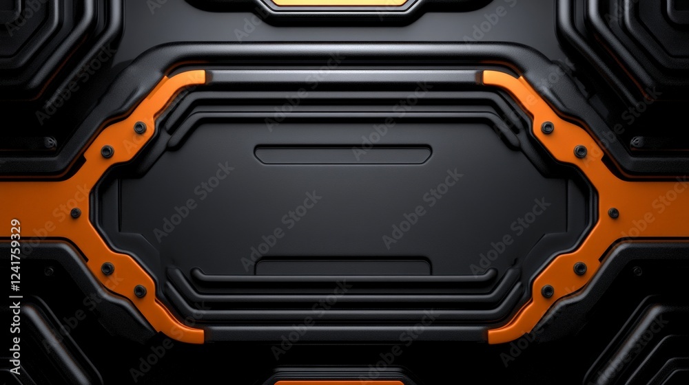 Futuristic Tech Panel: A sleek, abstract design featuring a black, hexagonal panel framed by orange accents, evoking a sense of technological advancement and modern design. Futuristic Tech Panel: A sleek, abstract design featuring a black, hexagonal panel framed by orange accents, evoking a sense of technological advancement and modern design.