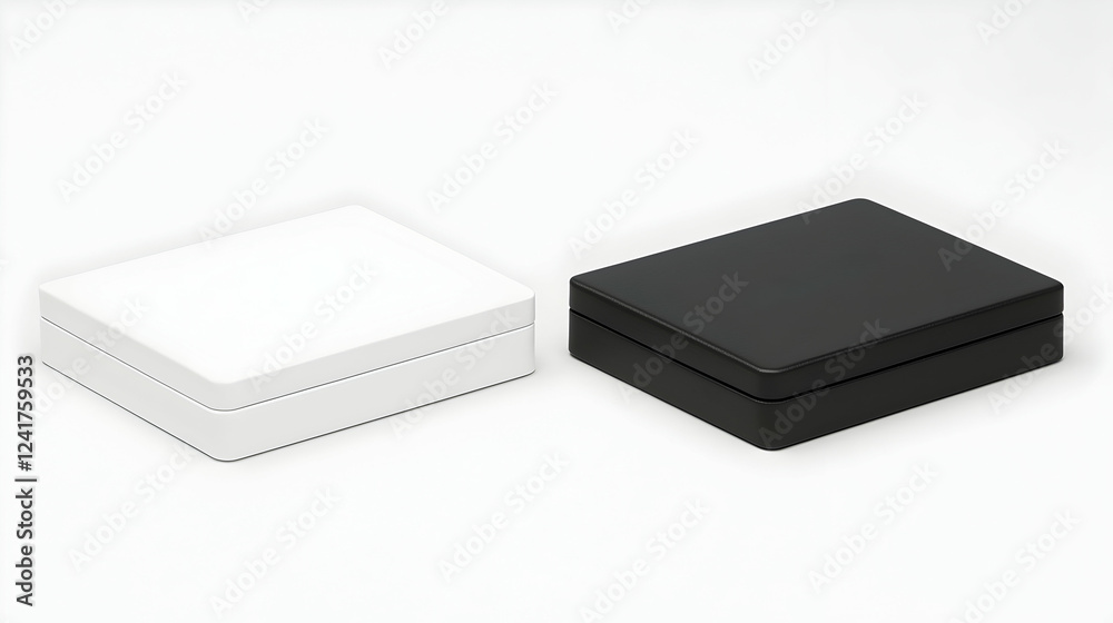 Two blank rectangular boxes, white and black, on a plain background; mockup for design Two blank rectangular boxes, white and black, on a plain background; mockup for design