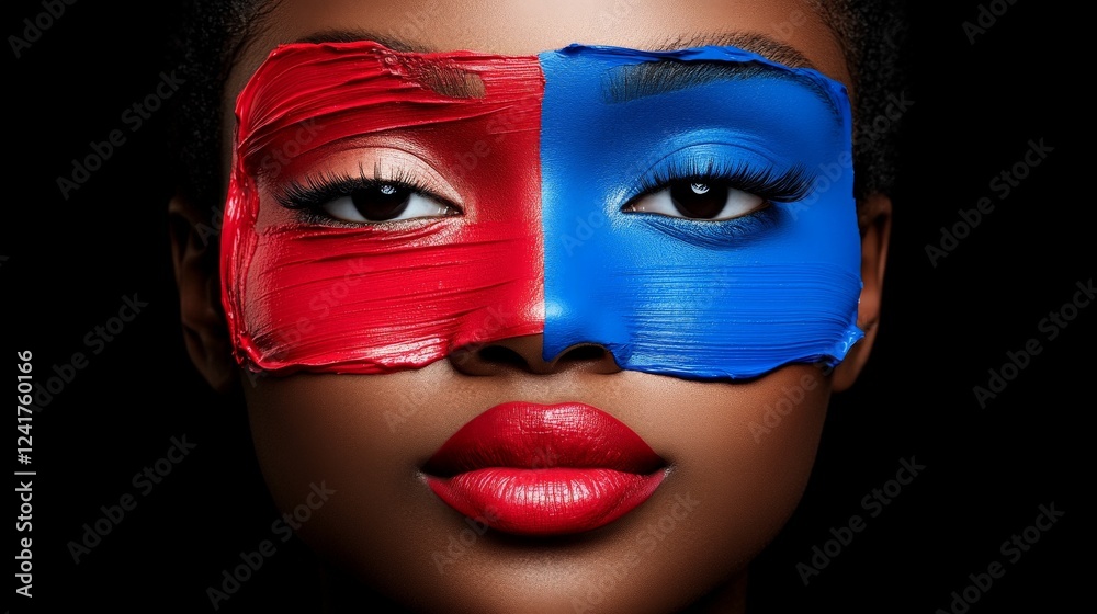 Dual Identity: A striking portrait of a woman with half her face painted in vibrant red and the other half in bold blue, creating a captivating contrast against a black background. Dual Identity: A striking portrait of a woman with half her face painted in vibrant red and the other half in bold blue, creating a captivating contrast against a black background.