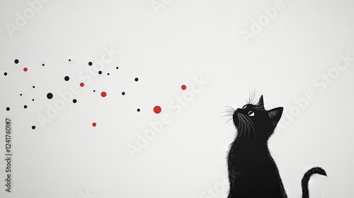   A black cat sits on a white wall, surrounded by red and black confetti