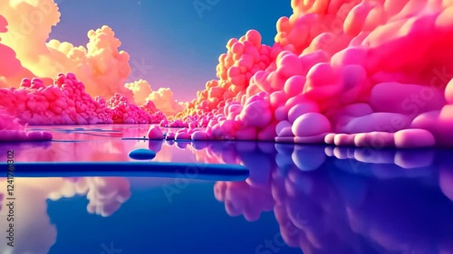Innovative Video Of Abstract Landscape With Diverse Textures And Dynamic Descents, Providing An Exciting And Imaginative Visual Exploration. Mirror glaze and pink clouds. High quality 4k footage