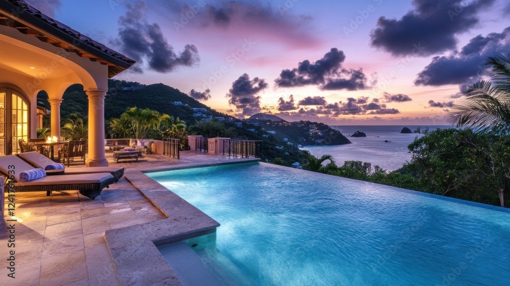 Obraz premium Luxury Villa with Infinity Pool and Breathtaking Sunset Ocean View