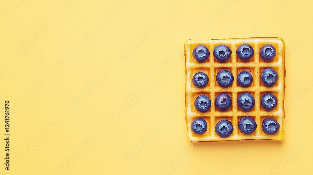 A close-up of a blueberry waffle, featuring blueberries on the top and a central square A close-up of a blueberry waffle, featuring blueberries on the top and a central square