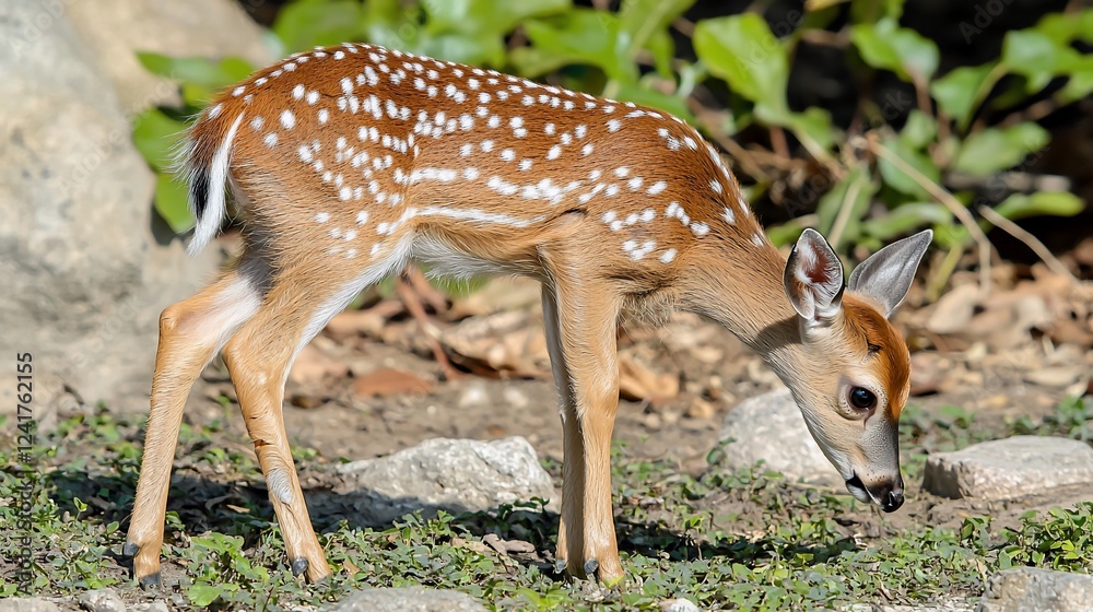 Fawn grazing in forest, sunny day, wildlife, nature Fawn grazing in forest, sunny day, wildlife, nature