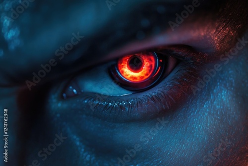 Close up of a person's eye with a glowing red eye, useful for sci-fi and horror themes