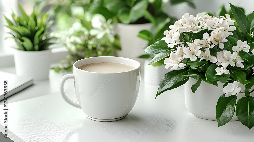 Relaxing morning coffee amidst plants on a white table Relaxing morning coffee amidst plants on a white table