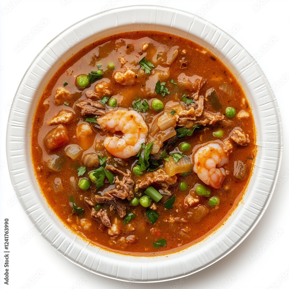 Plate of Gumbo, Paper Plate, top view, stock photo, isolated on white, photorealistic food Plate of Gumbo, Paper Plate, top view, stock photo, isolated on white, photorealistic food