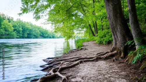 Serene Riverbank Trail - Tranquil river scene, lush greenery, exposed tree roots, peaceful nature, serene landscape.  Symbolizing peace, nature, tranquility, serenity, escape.