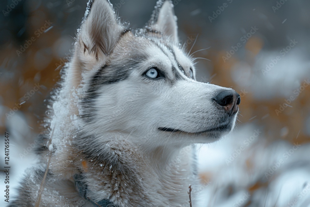 Obraz premium Husky dog with blue eyes in snow storm looking up, animal background