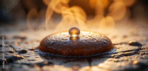 Macro shot of a water droplet evaporating on a hot stone, 8K resolution, showcasing fine details, warm golden hues, and soft steam effects. photo