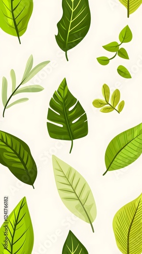 A seamless pattern of various green tropical leaves, in a flat illustration style
