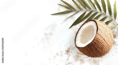 Wallpaper Mural Tropical coconut half, palm leaf, sand, white background, summer banner Torontodigital.ca