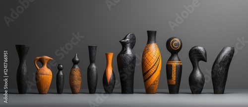 A collection of 12 uniquely designed vases in black, orange, and white, arranged in a symmetrical pattern.