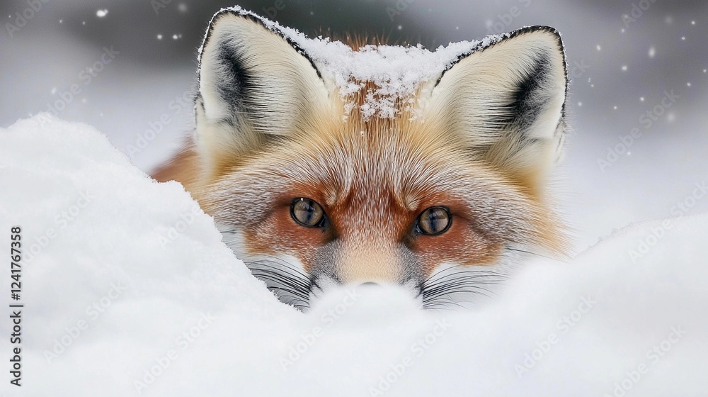 Red fox partially hidden in snow with soft snowfall in a winter forest setting during daytime Red fox partially hidden in snow with soft snowfall in a winter forest setting during daytime