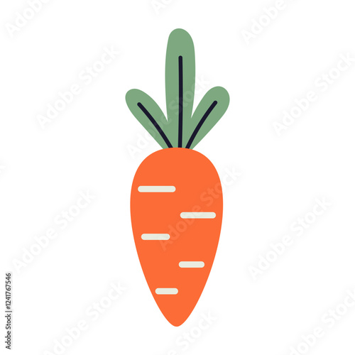 Flat vector illustration of a fresh orange carrot with stylized green leaves. A playful and festive design for easter and spring decorations.